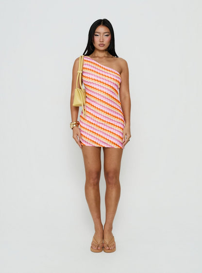 Alisia One Shoulder Knit Mini Dress Pink Stripe