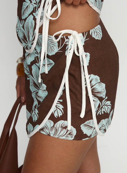 Anyah Tie Side Linen Skort Brown / Blue