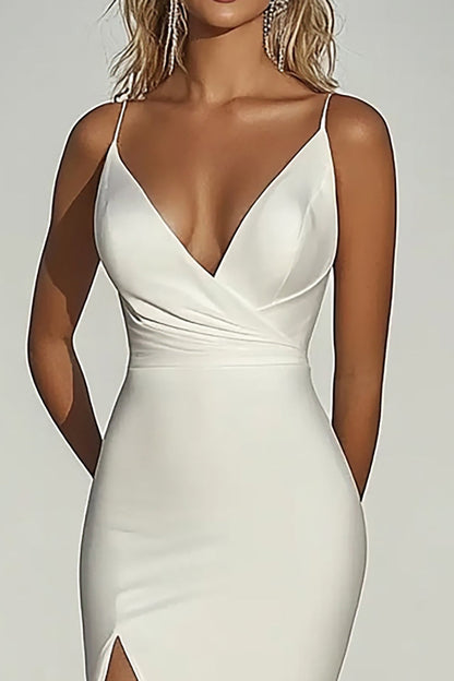 Elegant Ivory Off the Shoulder Satin Mermaid Ruched Long Wedding Dress with Slit