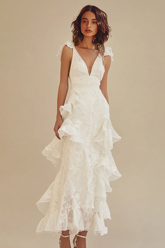 White V-Neck A-Line Lace Long Little White Dress with Ruffles