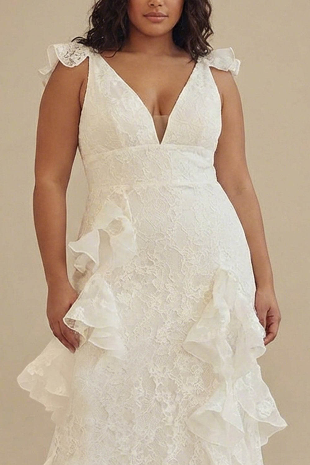 White Plus Size V-Neck Lace A-Line Long Little White Dress with Ruffles