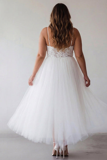 Plus Size Lace White A Line Tulle Tea Length Graduation Dress