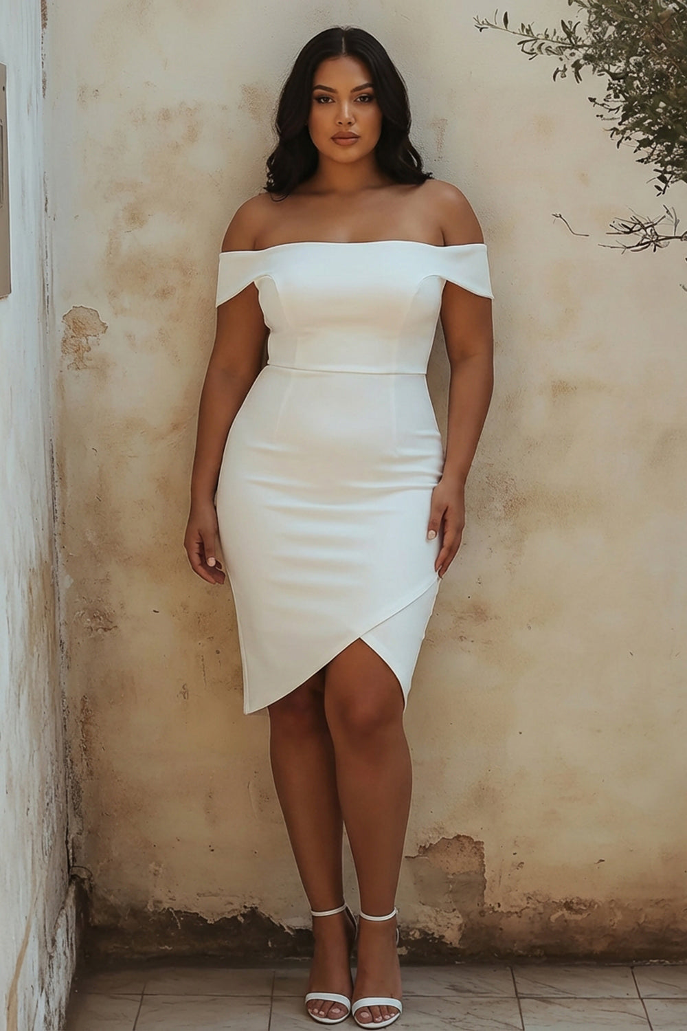 Plus Size White Chic Sheath Satin Off the Shoulder Short Graduation Dress