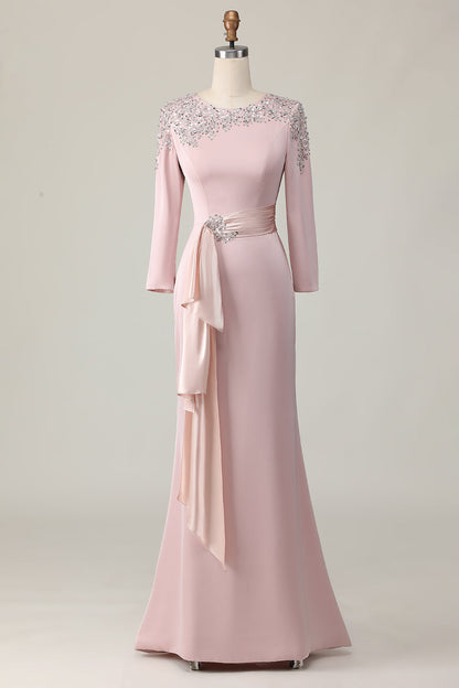 Plus Size Blush Sheath Lace Long Mother Of The Bride Dress with Sleeves