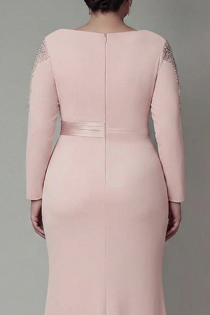 Plus Size Blush Sheath Lace Long Mother Of The Bride Dress with Sleeves