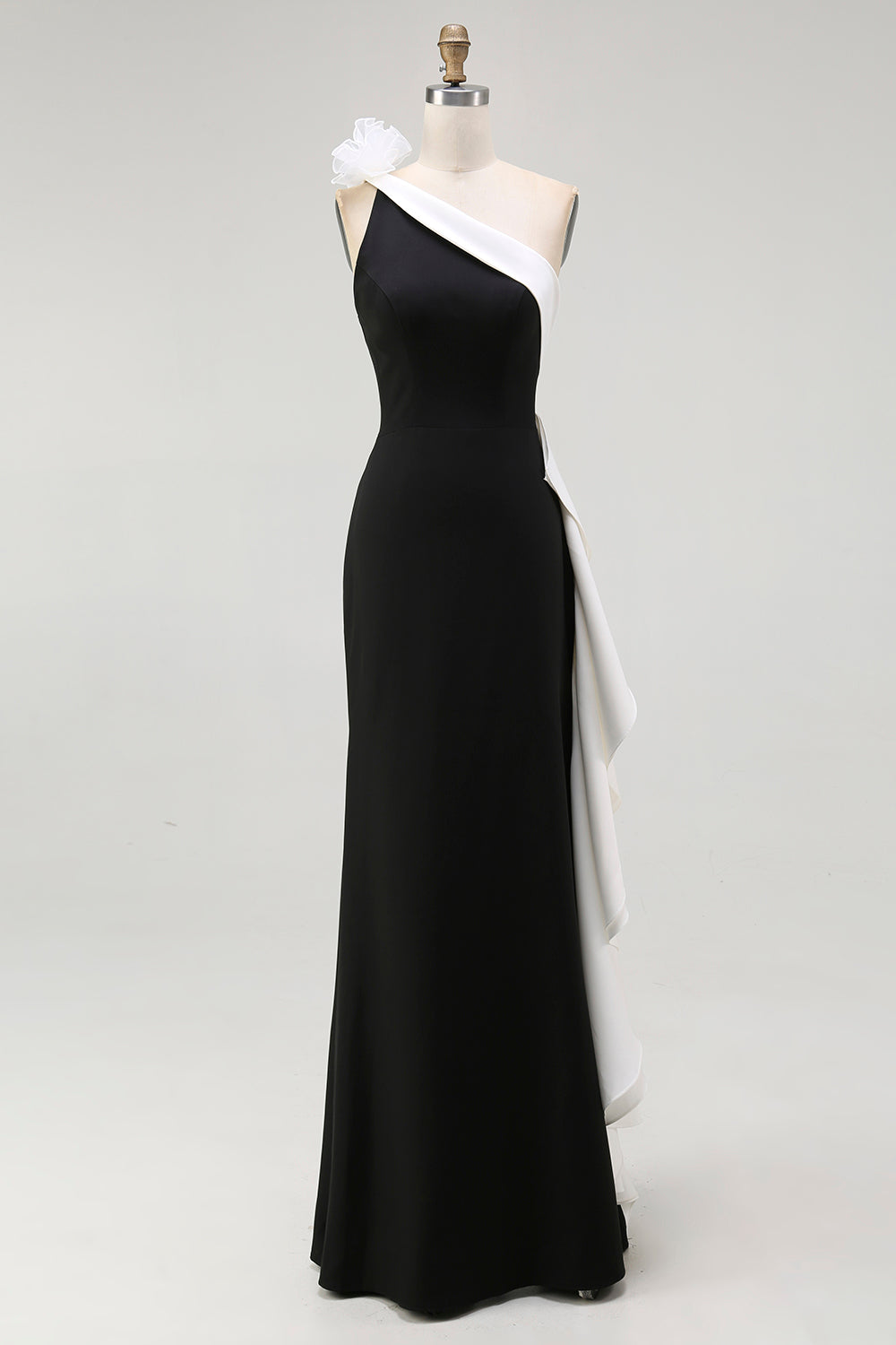 Plus Size Black and White One Shoulder Mermaid Long Black Tie Dress with 3D Flowers
