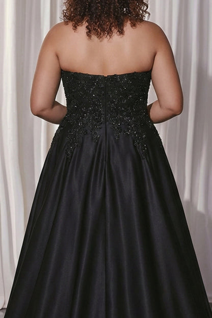 Plus Size Floral Black Satin A Line Sweetheart Long Prom Dress with Slit