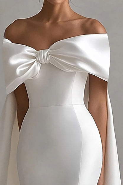 Ivory Mermaid Off the Shoulder Floor-Length Wedding Dress with Cape