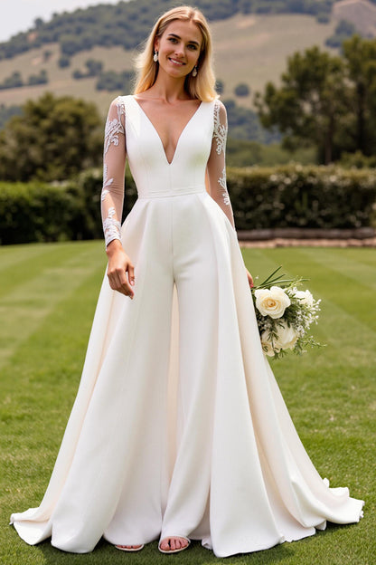 Ivory Satin Deep V-Neck Sweep Train Long Sleeves Wedding Jumpsuits with Lace