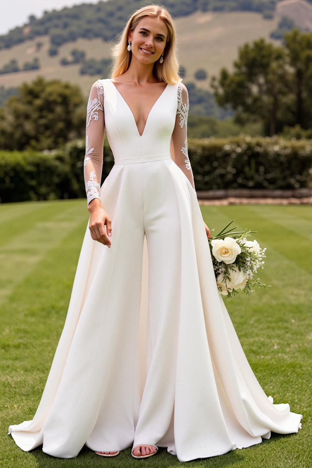 Ivory Deep V-Neck Sweep Train Satin Wedding Jumpsuits with Lace
