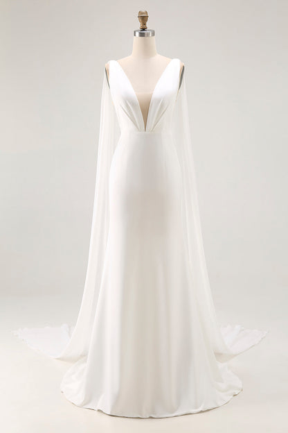 Simple Ivory Satin V Neck Mermaid Watteau Train Wedding Dress