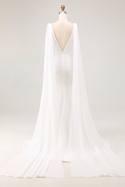 Simple Ivory Satin V Neck Mermaid Watteau Train Wedding Dress