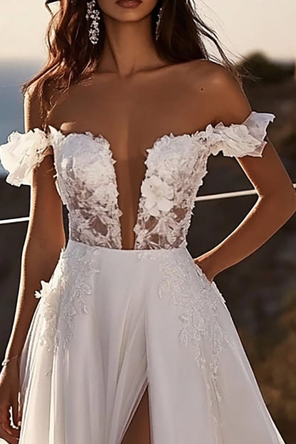 Ivory Sweep Train Ball Gown Off the Shoulder Wedding Dress with slit