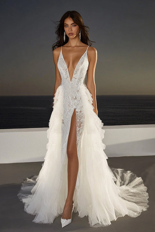 Ivory Sweep Train Lace Ruffled Wedding Dress with Slit