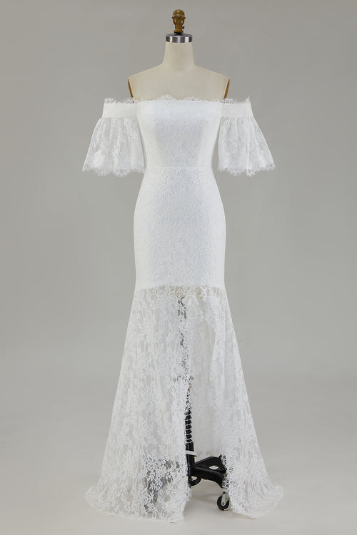 White Off the Shoulder Lace Mermaid Boho Maxi Wedding Dress with Slit
