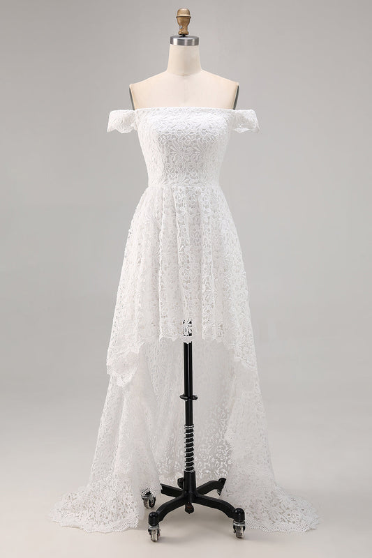 White Off The Shoulder Lace A Line High-Low Boho Maxi Dress