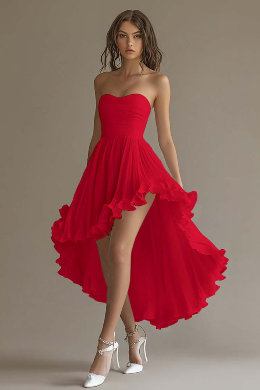 White Chiffon A Line High-Low Engagement Dress with Ruffles