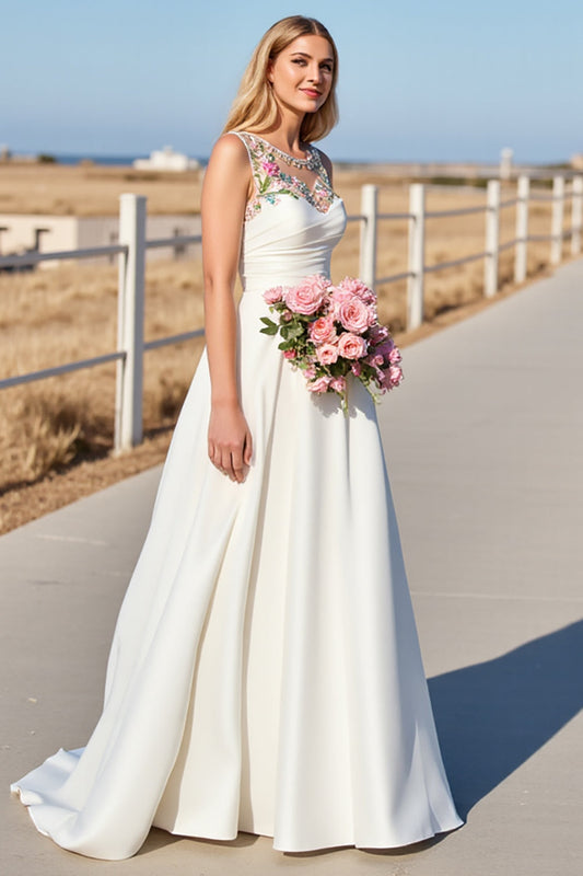 White Satin A Line Boho Sweep Train Wedding Dress with Flowers