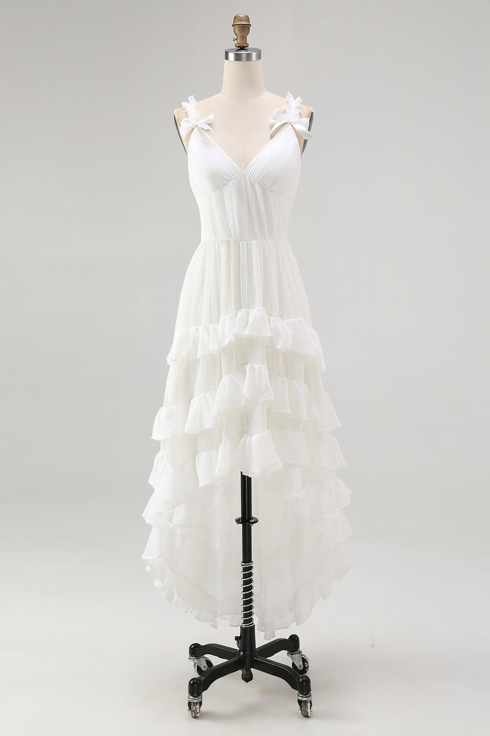 Ivory Plus Size A Line Ruffled V-Neck High-Low Tiered Western Wedding Dress