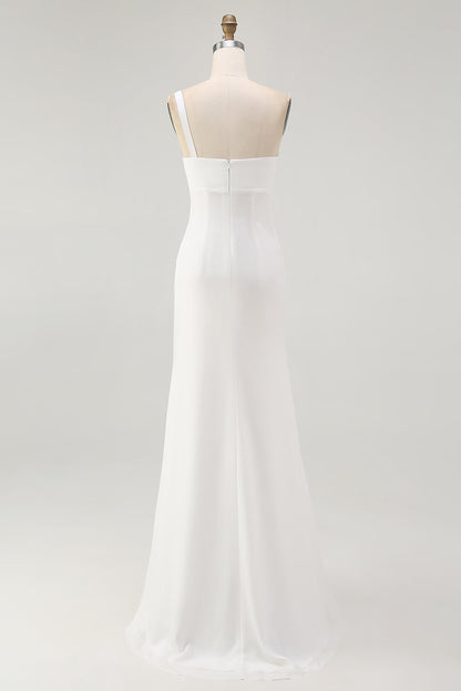 Ivory Ruched One Shoulder Maxi Chiffon Rehearsal Dinner Dress with Slit