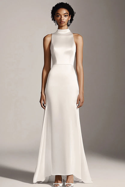 Ivory Satin High Neck Sheath Maxi Rehearsal Dinner Dress