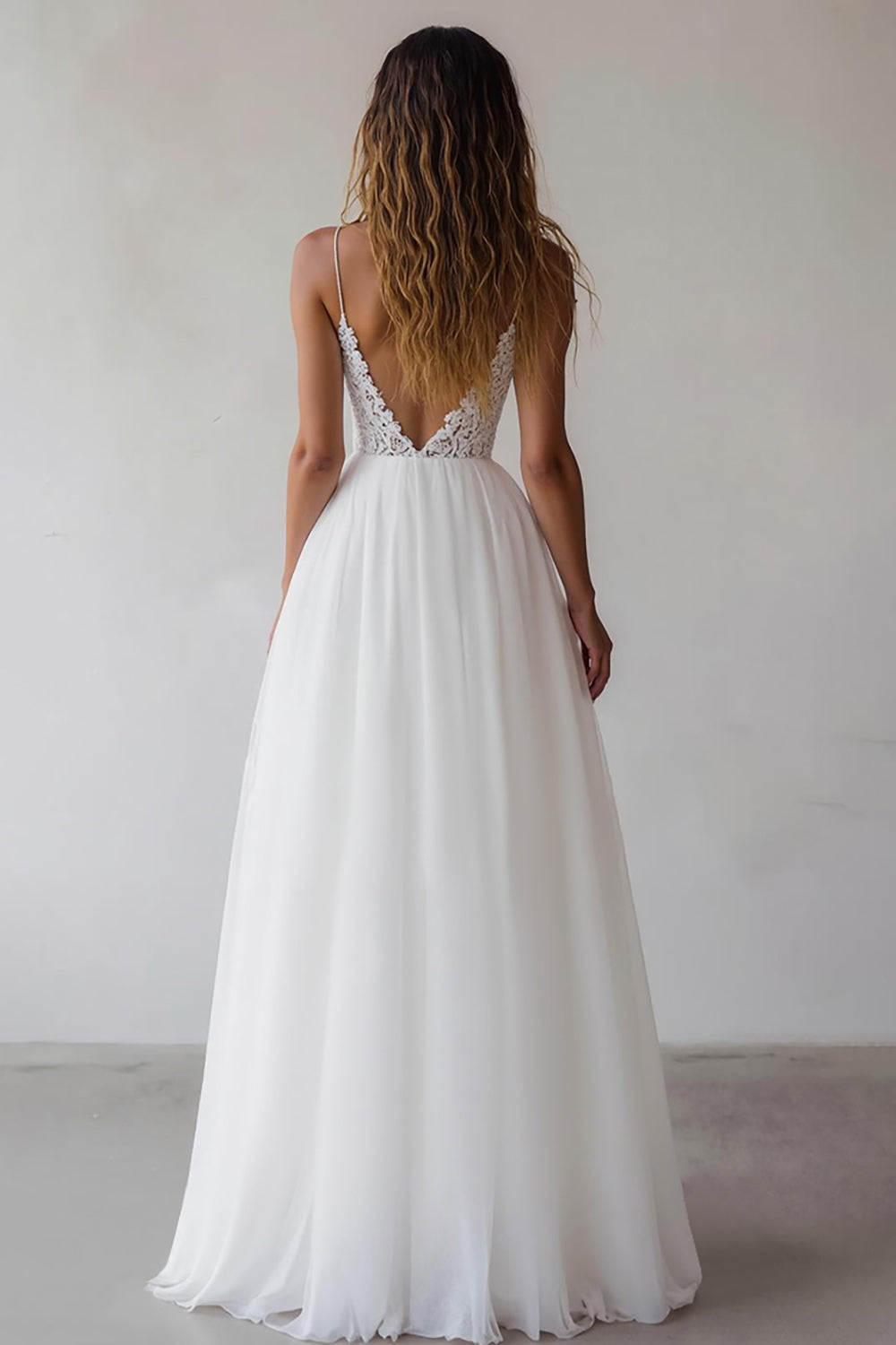 White Spaghetti Straps A Line Maxi Rehearsal Dinner Dress with Lace