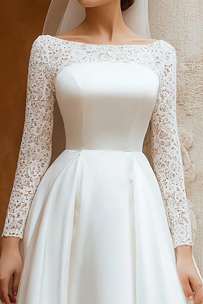 Ivory Satin Boat Neck A Line Wedding Dress with Lace