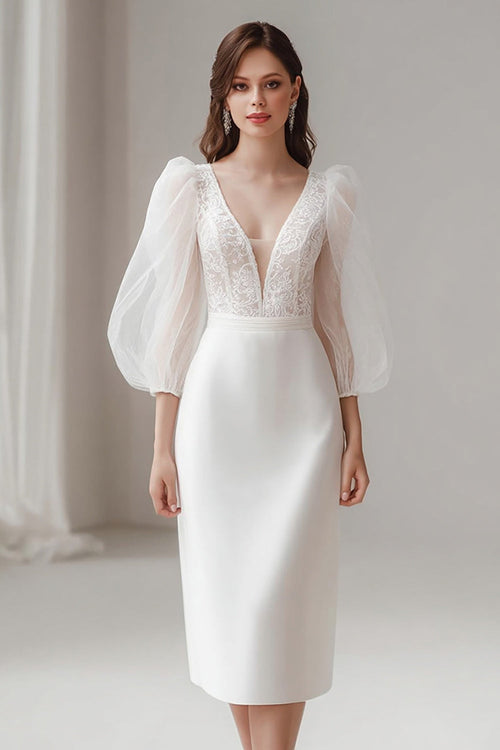 Ivory V-Neck Bodycon Short Wedding Dress with Lace
