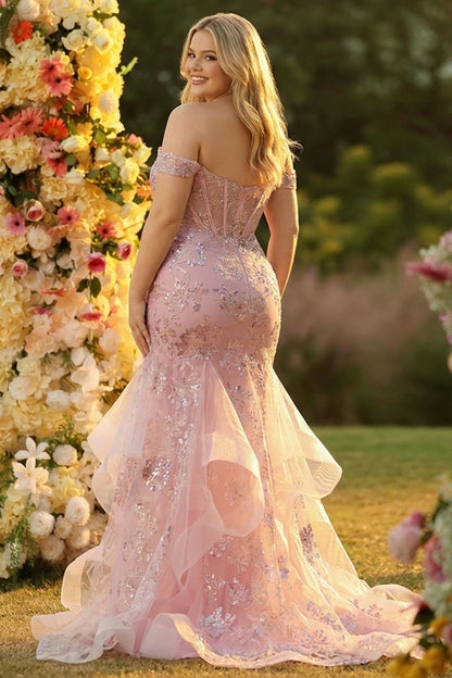 Sparkly Floral Blush Plus Size Mermaid Ruffled Long Corset Prom Dress