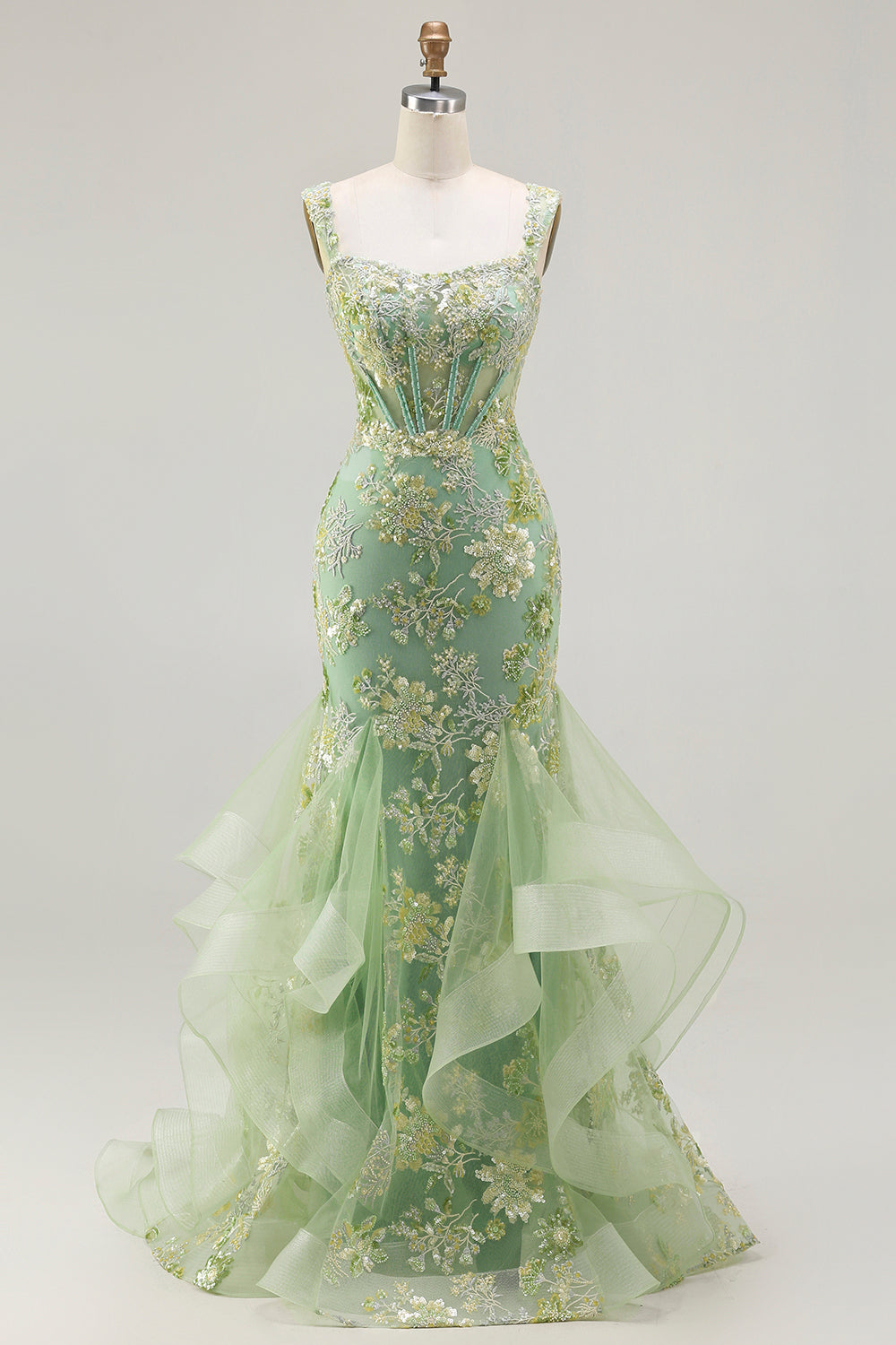 Sparkly Floral Blush Plus Size Mermaid Ruffled Long Corset Prom Dress