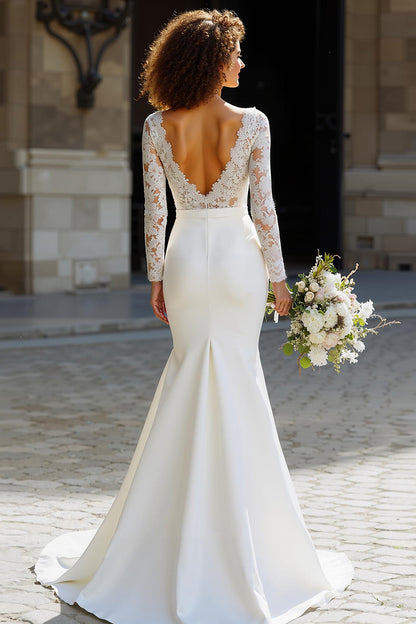 White Chiffon Sweep Train Mermaid Wedding Dress with Sleeves