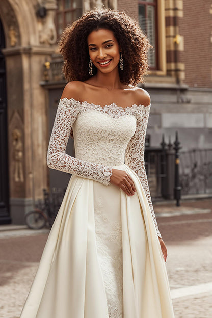 Ivory Off the Shoulder Satin Princess Wedding Dress with Sleeves