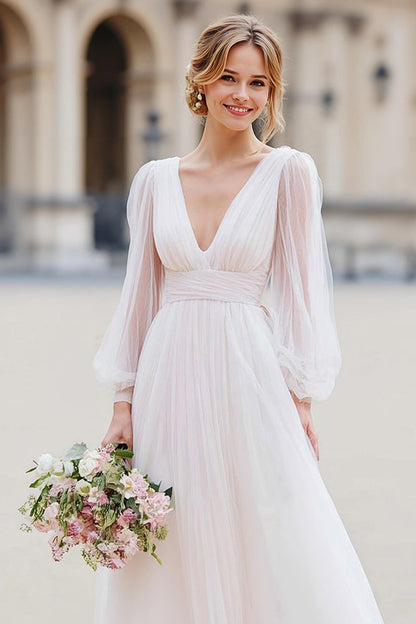 White Tulle A Line V-Neck Floor-Length Wedding Dress with Sleeves