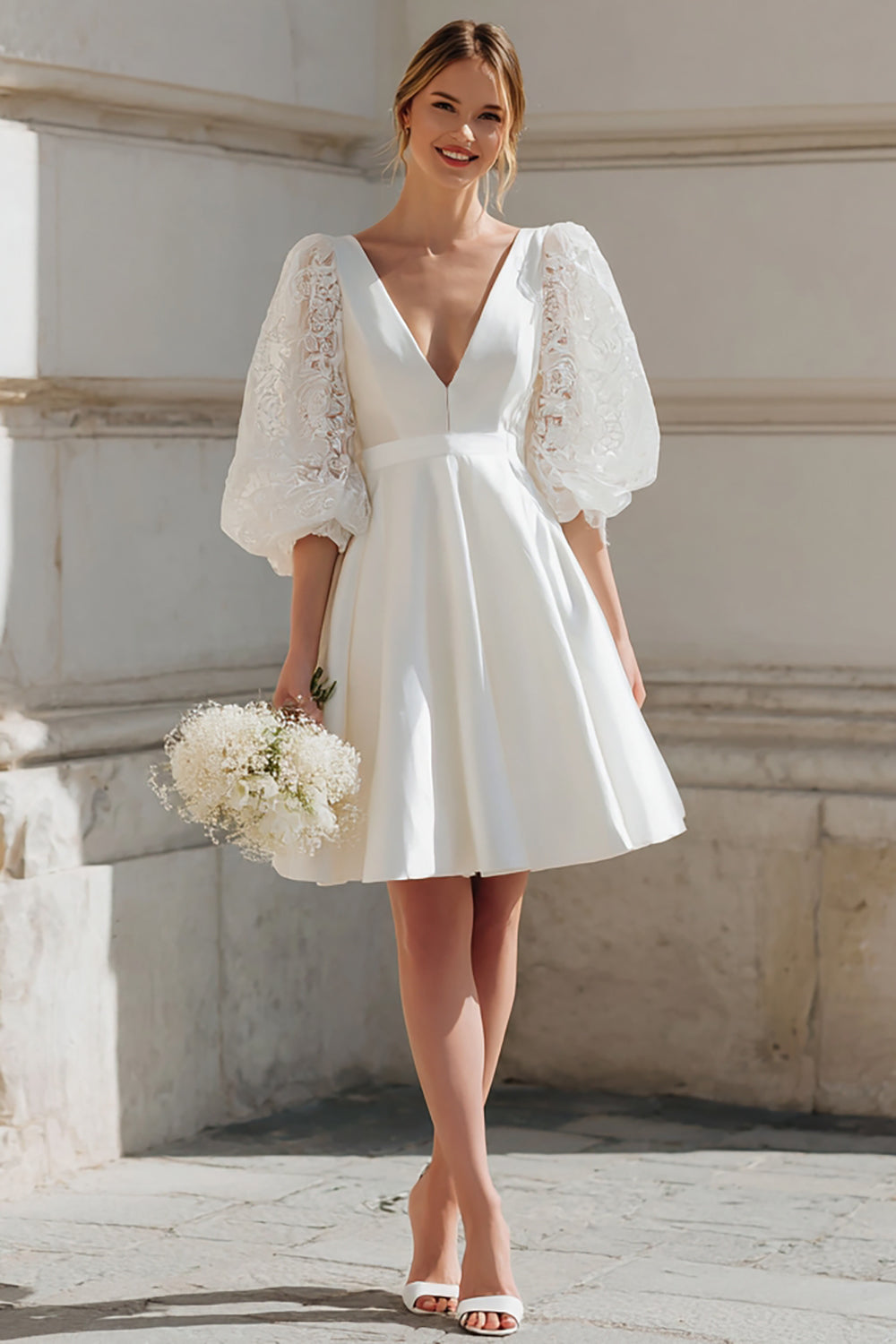 Ivory Satin V-Neck A Line Short Bridal Shower Dress with Lace