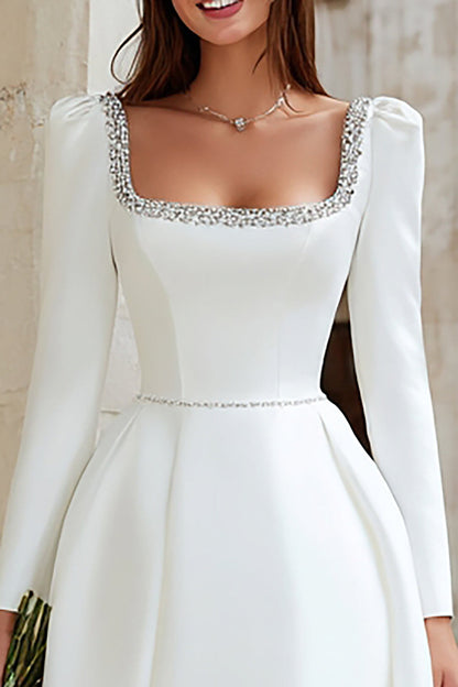 Sparkly Ivory Satin A Line Short Bridal Shower Dress with Beading