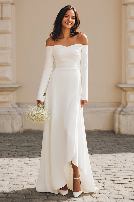 Ivory Off the Shoulder Satin Maxi Engagement Dress with Sleeves