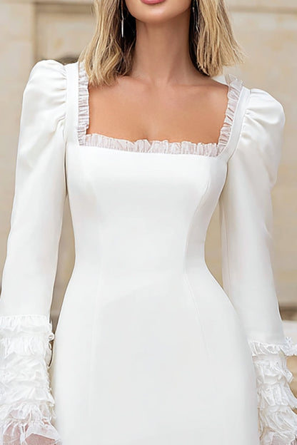 Ivory Square Neck Long Sleeves Short Bridal Shower Dress with Ruffles