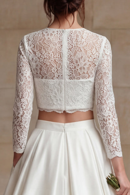 Ivory Satin 2 Piece Long Sleeves A-Line Long Wedding Dress with Lace