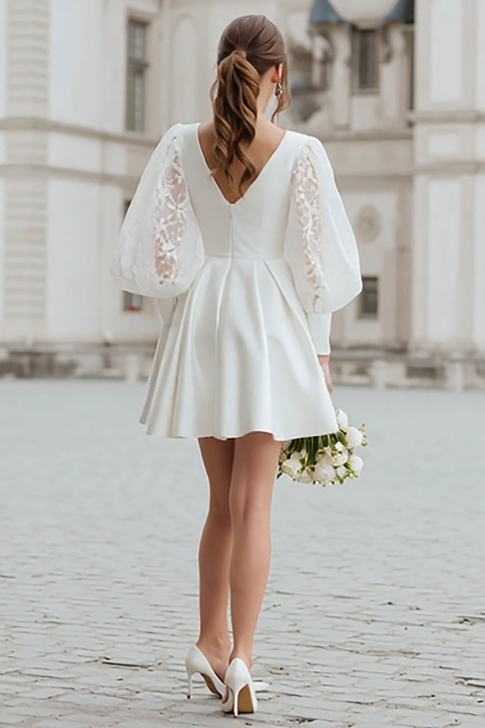 Ivory V-Neck Satin A Line Short Wedding Dress with Lace