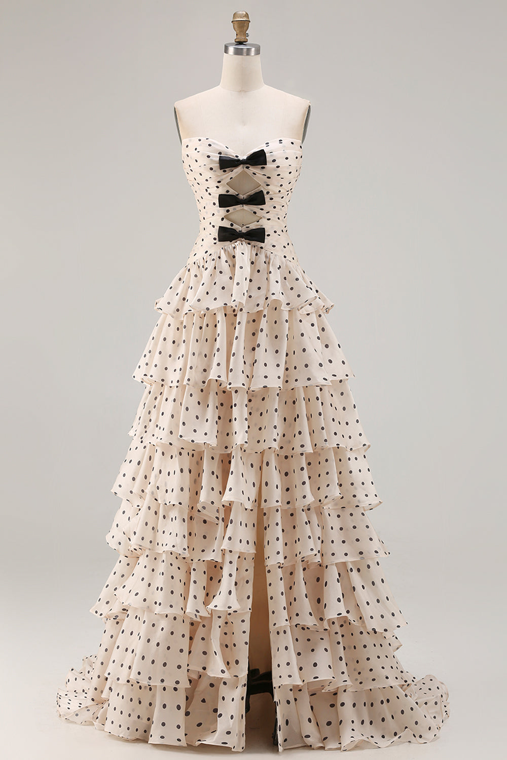 Black and Apricot Polka Dots Plus Size Strapless Tiered Long Corset Prom Dress with Keyhole