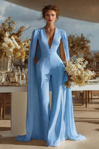 Ivory Satin Deep V-Neck Bridal Jumpsuits with Cape