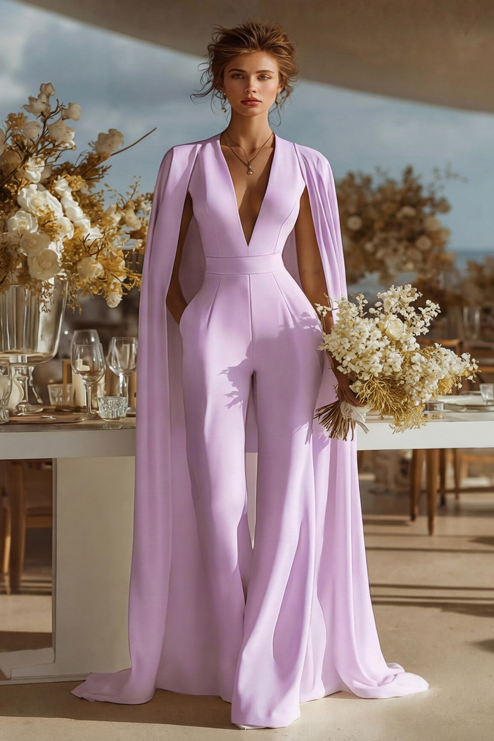 Ivory Satin Deep V-Neck Bridal Jumpsuits with Cape