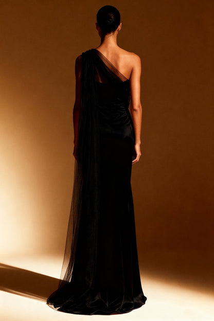 White Mermaid Satin One Shoulder Long Formal Dress with Side Cape