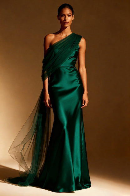 White Mermaid Satin One Shoulder Long Formal Dress with Side Cape
