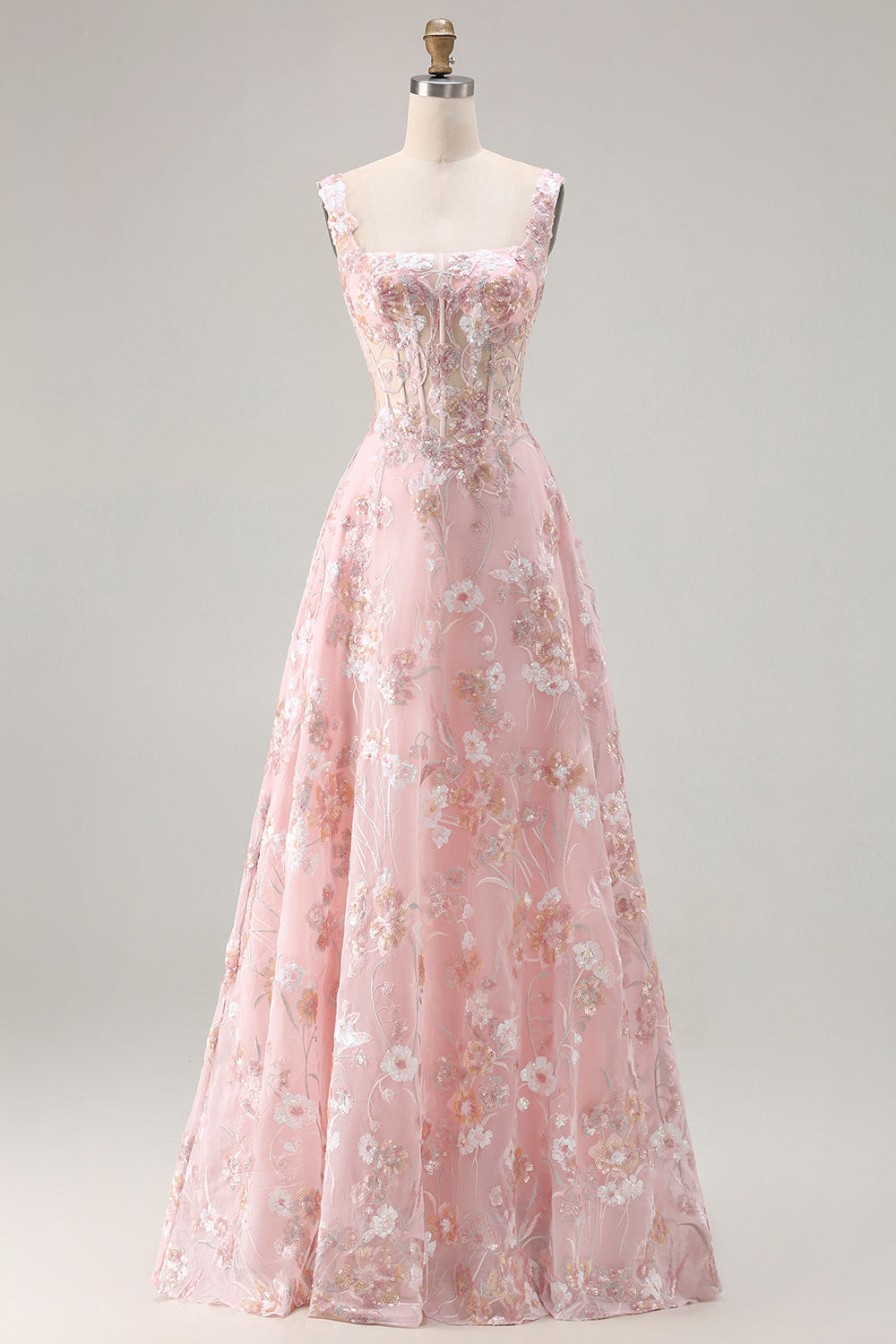 Sparkly Pink Plus Size Floral A Line Sequins Long Corset Prom Dress