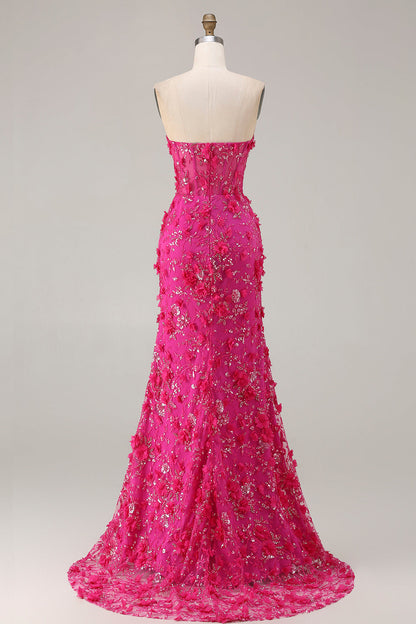 Sparkly Floral Fuchsia Mermaid Beaded Long Corset Prom Dress with Slit