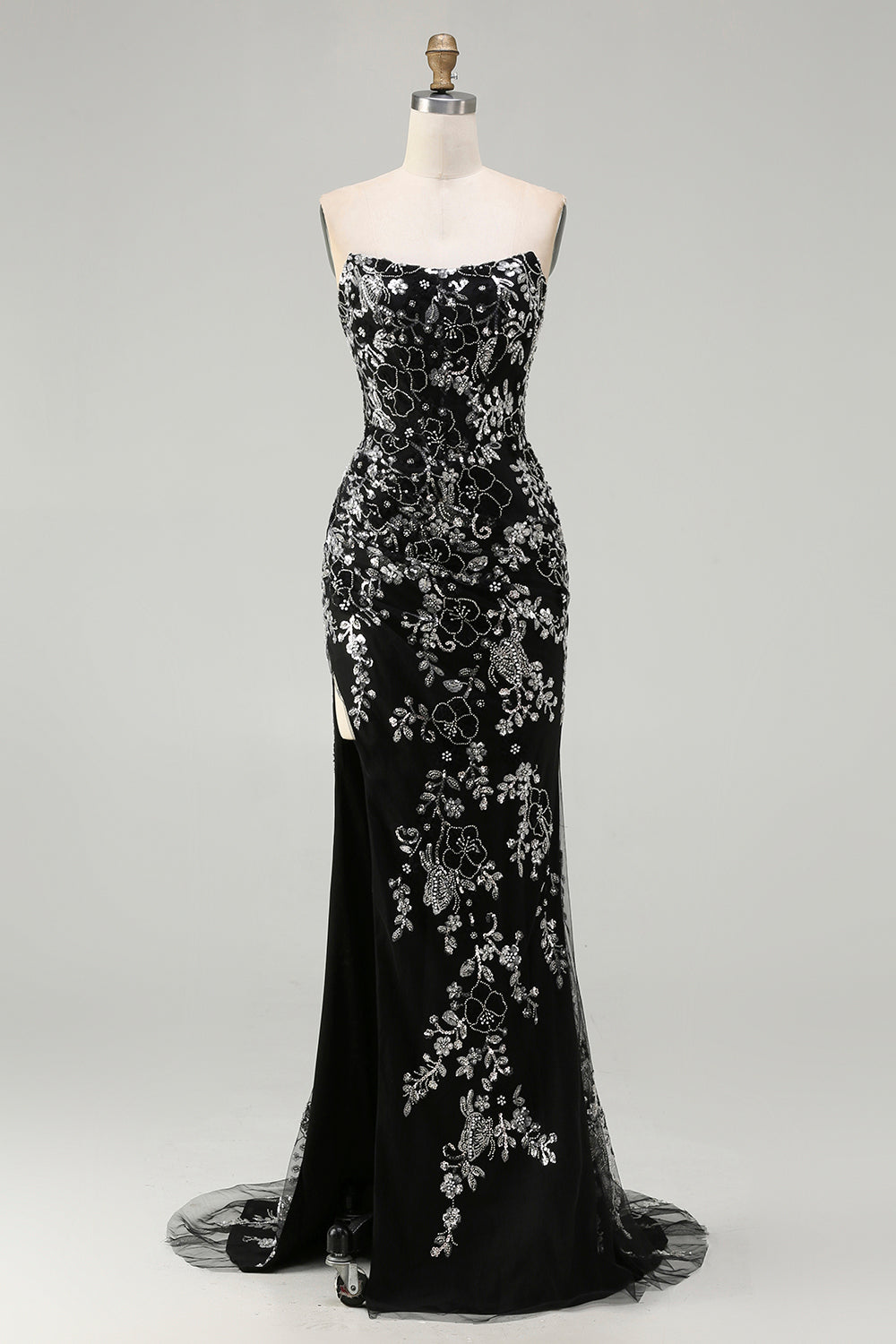 Plus Size Sparkly Black Floral Strapless Mermaid Long Prom Dress with Beading