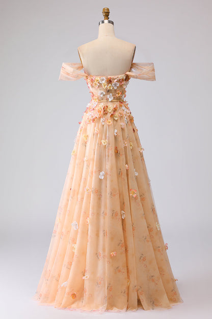 Plus Size Green Off the Shoulder Floral Long A Line Prom Dress with 3D Flowers