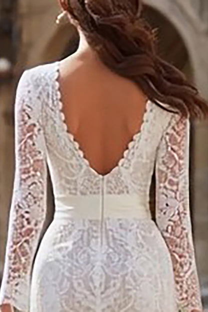 Ivory Bodycon Lace Midi Wedding Dress with Sleeves
