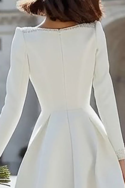 Sparkly Ivory A Line V-Neck Midi Engagement Dress with Sleeves